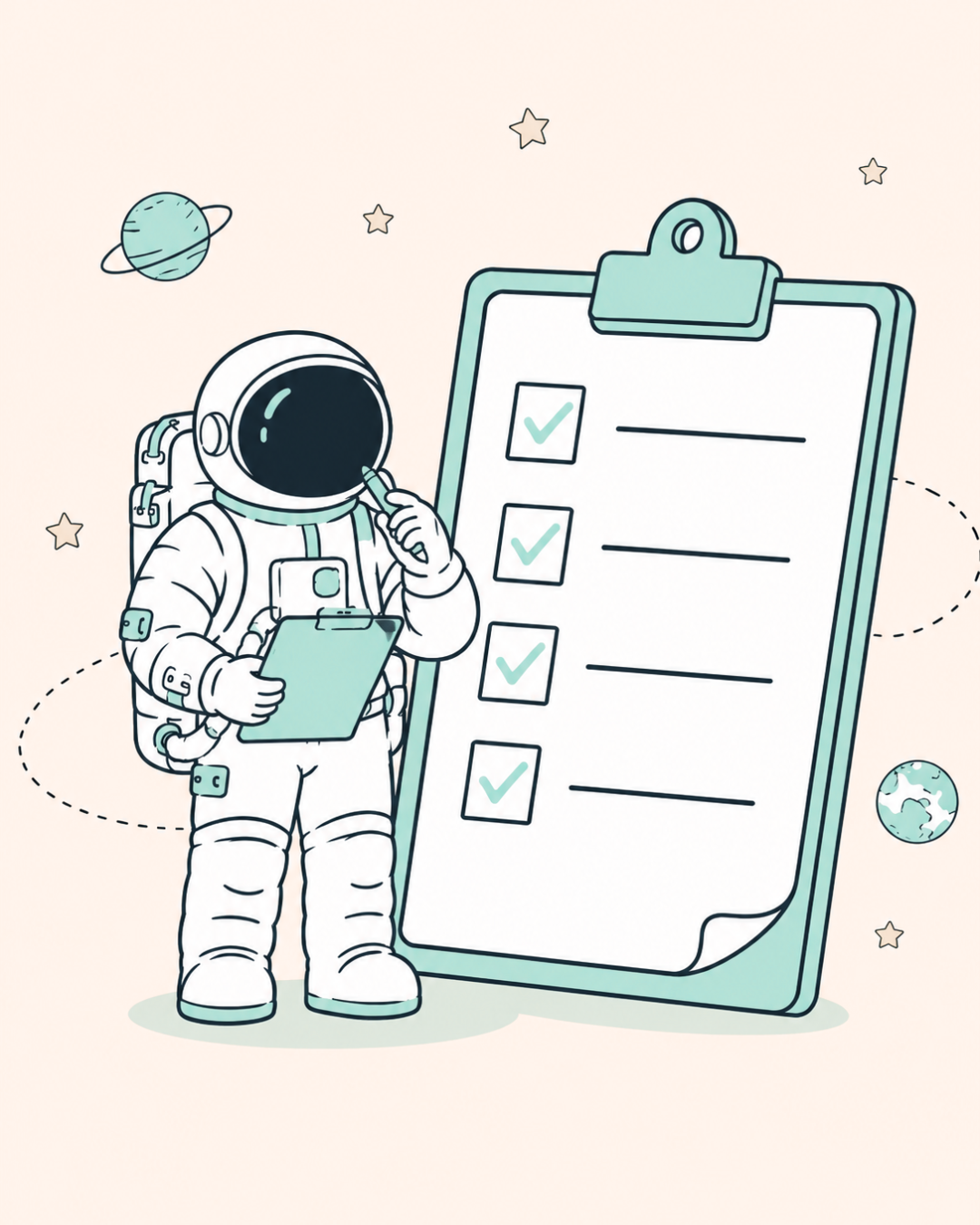 Sprint-Fit_Astronaut Checkliste Ein Astronaut mit einer Checkliste als Visualisierung, ob der Learning Flow Sprint zum Kunden passt